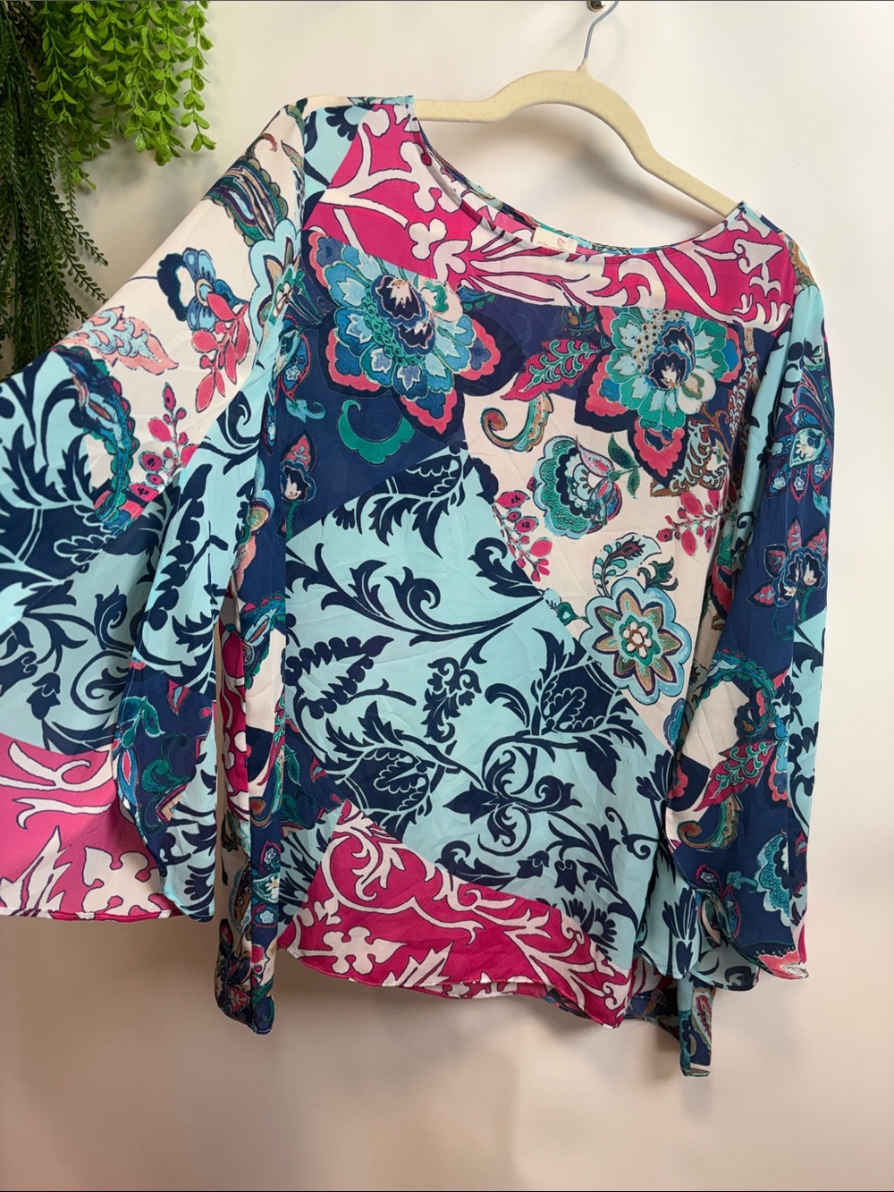 Chico's Teal, Navy & Pink Floral Patchwork Bell Sleeve Top